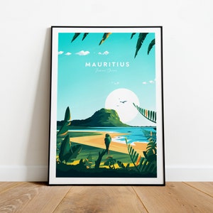 Mauritius traditional travel print, Mauritius poster, Indian Ocean poster, Birthday present, Wedding gift, Custom Text, Personalised Gift