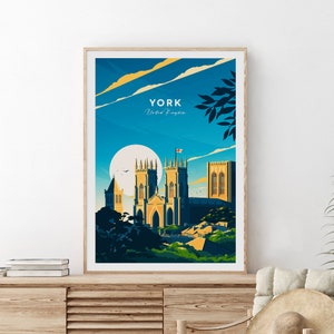 Stampa di viaggio tradizionale York - Regno Unito, poster York, regalo di nozze, regalo di compleanno, testo personalizzato, regalo personalizzato