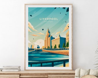 Liverpool traditional travel print - United Kingdom, Liverpool poster, Wedding gift, Birthday present, Custom Text, Personalised Gift