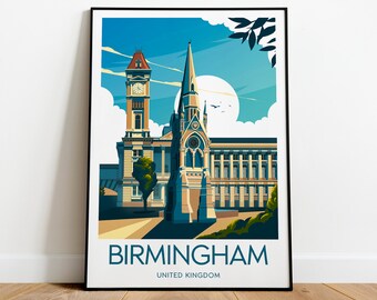 Birmingham travel print - United Kingdom, Birmingham poster, Wedding gift, Birthday present, Custom Text, Personalised Gift