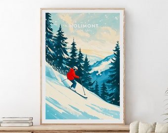 HoliMont traditional travel print - United States, HoliMont ski poster,  Snowboarder poster, HoliMont mountains, Wall art, ski art