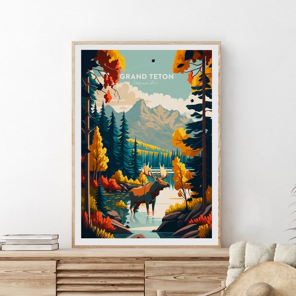 Grand Teton traditioneller Reisedruck - Nationalpark, Grand Teton Plakat, Wandkunst, Geburtstagsgeschenk, Hochzeitsgeschenk, Weihnachtsgeschenk