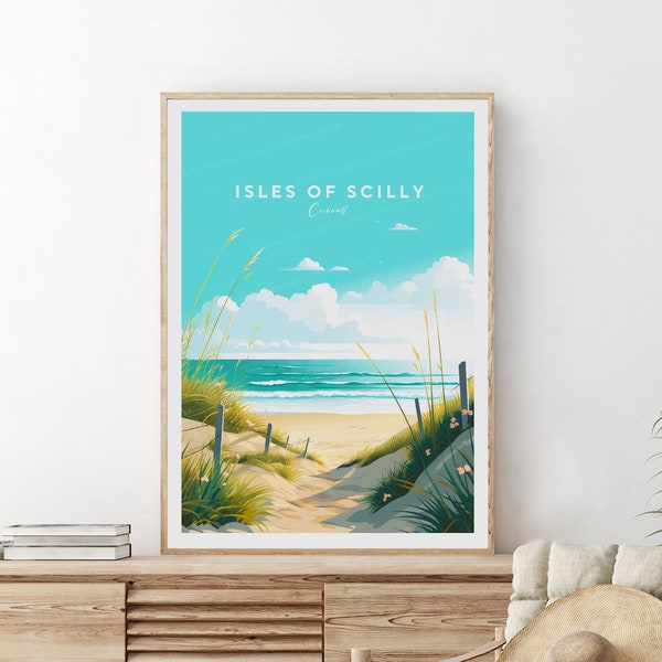 Impression de voyage traditionnelle des îles Scilly - Royaume-Uni, affiche de plage des Cornouailles, impression des îles Scilly, art des Cornouailles, cadeau de mariage, cadeau d'anniversaire