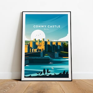 Conwy Castle traditional travel print - Wales, Conwy Castle poster, Birthday present, Wedding Gift, Custom Text, Personalised Gift