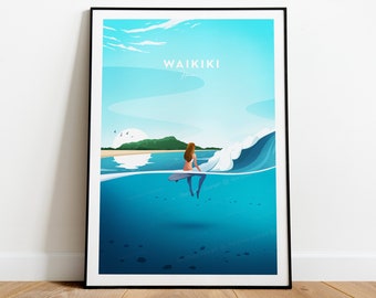 Waikiki traditional travel print - Hawaii, Custom Text, Personalised Gift