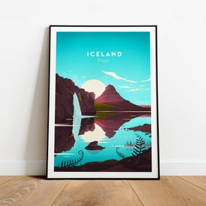 Affiche de voyage traditionnelle islandaise - Kirkjufell Mountain. Impression d'Islande, affiche de Reykjavik, cadeau de mariage, cadeau d'anniversaire