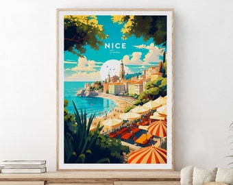 Belle affiche de voyage traditionnelle - France, affiche Nice, Nice Côte d'Azur, estampe Côte d'Azur, affiche Côte d'Azur, cadeau de mariage