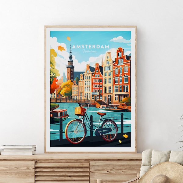 Impression de voyage traditionnelle d'Amsterdam - Pays-Bas, affiche d'Amsterdam, cadeau d'anniversaire, cadeau de mariage, texte personnalisé, cadeau personnalisé
