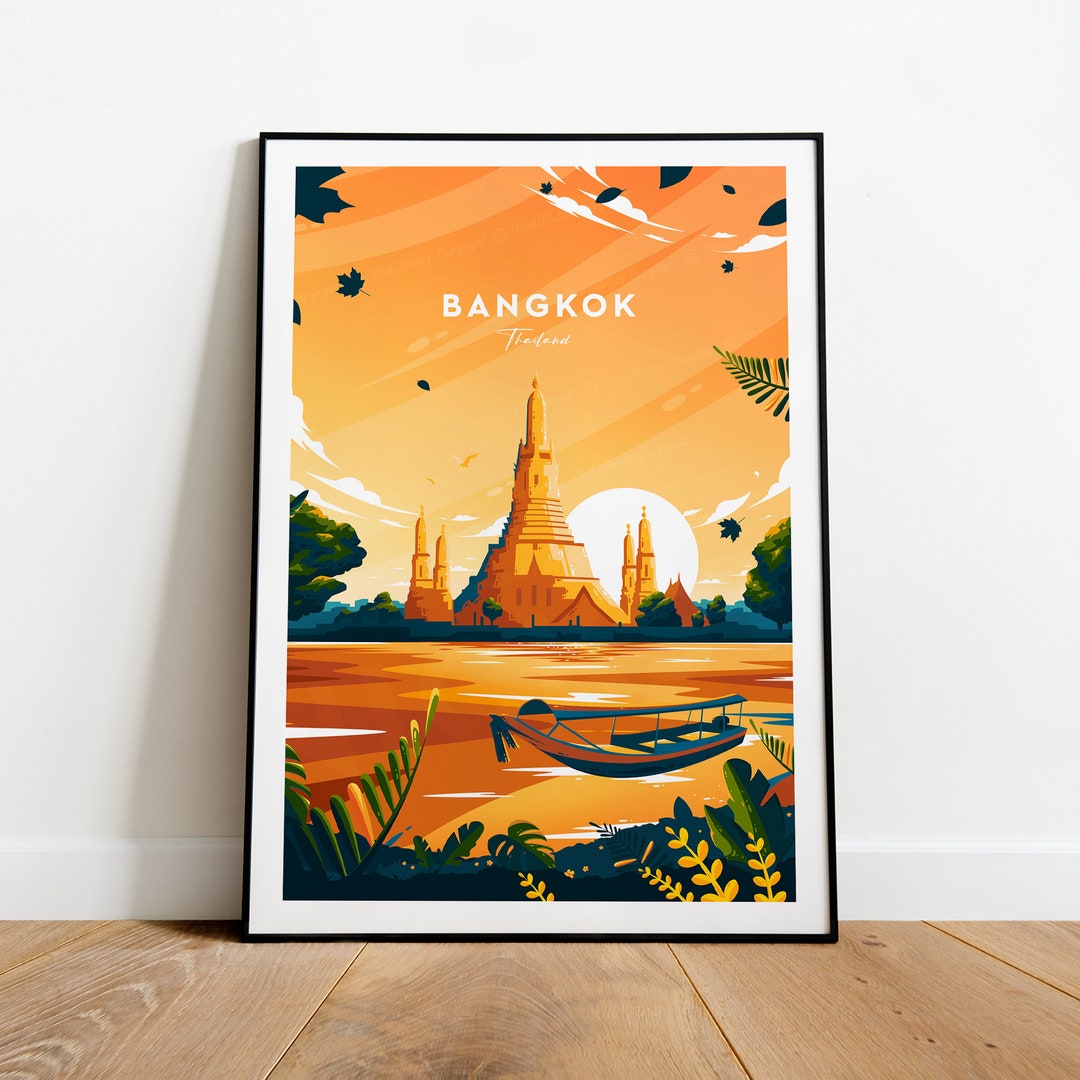Bangkok Sunset Traditional Travel Print, Bangkok Poster, Thailand