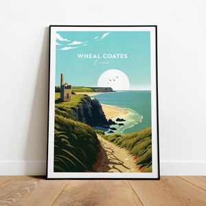 Wheal coates traditional travel print - Cornwall, Wheal coates poster, Wheal coates artwork, Custom Text, Personalised Gift