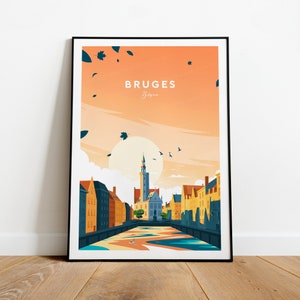 Bruges traditional travel print - Belgium, Bruges poster, Bruges print, Wedding gift, Custom Text, Personalised Gift