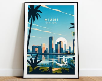 Impression de voyage traditionnelle à Miami - États-Unis, poster à Miami, cadeau d'anniversaire, cadeau de mariage, texte personnalisé, cadeau personnalisé