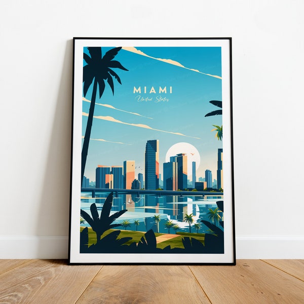 Impression de voyage traditionnelle à Miami - États-Unis, poster à Miami, cadeau d'anniversaire, cadeau de mariage, texte personnalisé, cadeau personnalisé