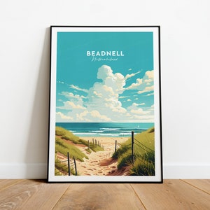 Beadnel traditional travel print -  Northumberland, Beadnel beach poster, Birthday present, Wedding gift, Custom Text, Personalised Gift