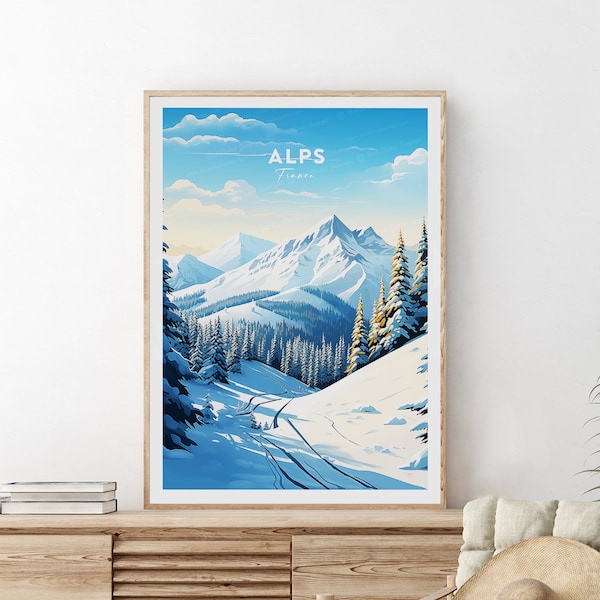 Die Alpen traditioneller Reisedruck - Frankreich - Alpen, Skiort, Alpenplakat, kundenspezifischer Text, personalisierte Alpenkunstwerk