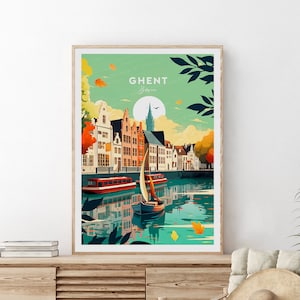 Ghent traditional travel print - Belgium, Ghent poster, Ghent print, Ghent artwork, Wedding gift, Custom Text, Personalised Gift