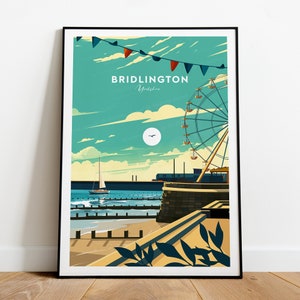 Bridlington traditioneller Reisedruck - Yorkshire, Bridlington Poster, Yorkshire Geschenk, Bridlington beach art, Geburtstagsgeschenk, benutzerdefinierter Text