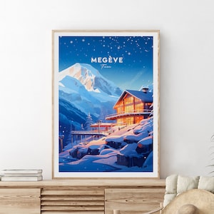 Megève traditional travel print - France - Ski resort, Megeve Poster, Ski Art, Wedding gift, Birthday present