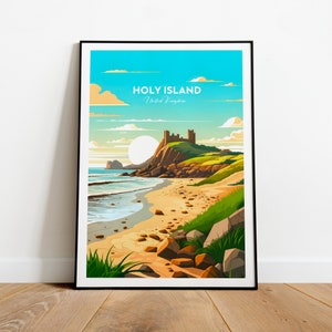 Holy Island traditional travel print - Uk, Northumberland poster, Holy Island, Travel prints, Wedding gift, Birthday present