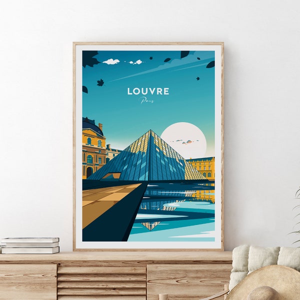 Affiche de voyage traditionnelle du Louvre - France, affiche de Paris, impression du musée de Lourve, cadeau de mariage, texte personnalisé, cadeau personnalisé