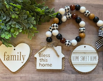 Farmhouse Beads, Home Sweet Home, Bless This Home, Family, Buffalo Plaid, Tiered Tray, Wood Beads, Pick Your Tag