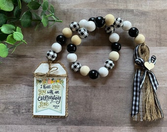 Christian Beaded Garland, Tiered Tray Decor, Wood Beads, Farmhouse Beads, Love Bible Verse