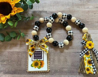 Sunflower Beaded Garland, Farmhouse Style, Tiered Tray Decor, Encouraging Christian, Buffalo Check,  Blessed