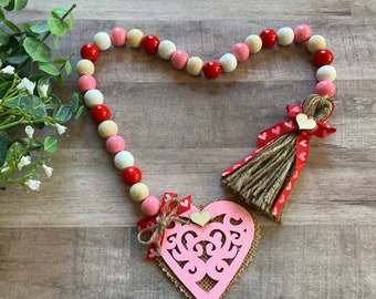Valentine Beaded Garland, Wood Beads, Tiered Tray Decor, Farmhouse Beads, Pink Hearts, Rustic