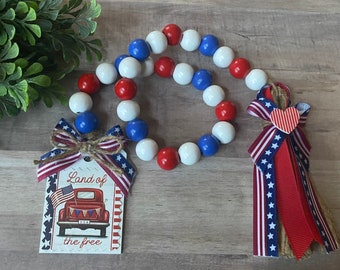 Americana Beaded Garland, Patriotic, Farmhouse Style, Tiered Tray Decor, Little Red Truck, 4th of July, Stars Stripes, Red White Blue, USA