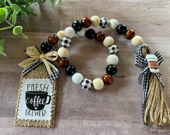 Coffee Bar Beaded Garland, Rustic Farmhouse Style, Tiered Tray, Wood Beads, Home Decor, Farmhouse Beads