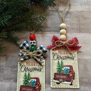 Little Red Truck Wood Tags, Farmhouse Christmas Tree Ornaments, Beaded ...