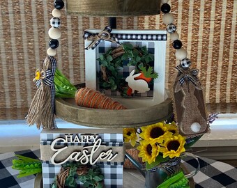 Easter Tiered Tray, Spring Shelf Sitters, Farmhouse Style, Mini Shelf Signs, Wood Beads, Easter Beaded Garland, Bunny, Sunflowers