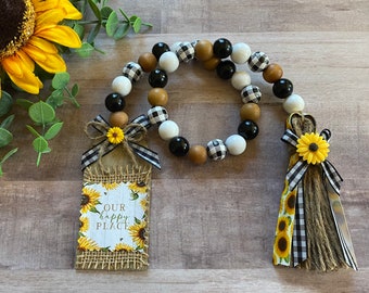 Sunflower Beaded Garland, Rustic Farmhouse Style, Tiered Tray, Buffalo Check, Fall Home Decor, Wood Beads