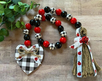 Ladybug Beaded Garland, Wood Beads, Farmhouse Style, Tiered Tray Decor, Buffalo Check, Hearts, Spring, Valentine’s Day, Mother’s Day