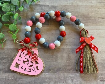 Valentine Beaded Garland, Wood Beads, Tiered Tray Decor, Farmhouse Beads, Pink Hearts, Rustic