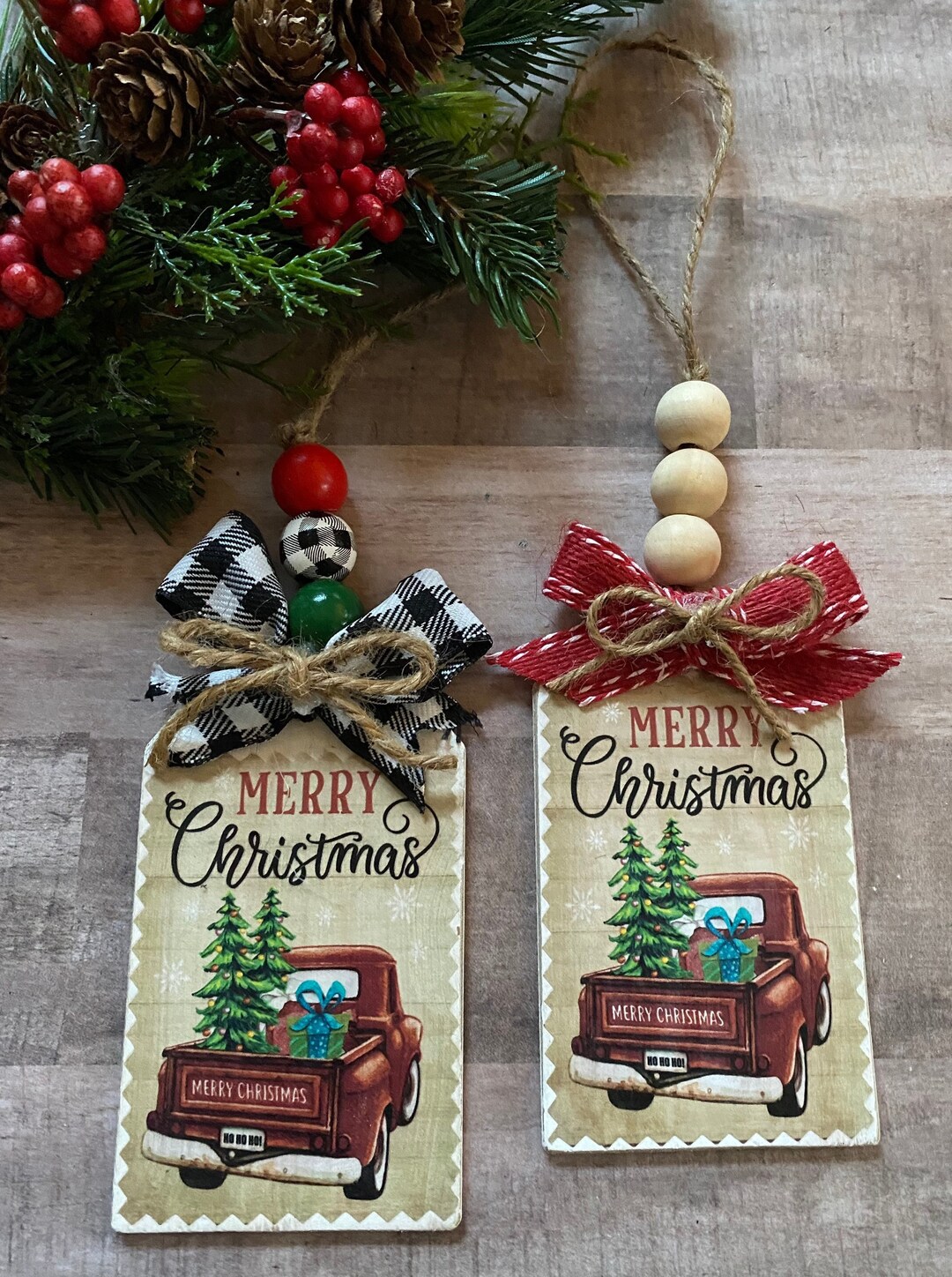 Little Red Truck Wood Tags, Farmhouse Christmas Tree Ornaments, Beaded ...