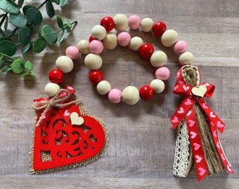 Valentine Beaded Garland, Wood Beads, Tiered Tray Decor, Farmhouse Beads, Red Hearts, Rustic