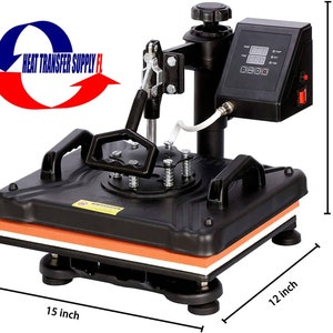 May include: Black heat press machine with a digital timer and temperature control. The press has a 15-inch by 12-inch heat plate and a 14.5-inch height. The machine is labeled "Heat Transfer Supply FL".