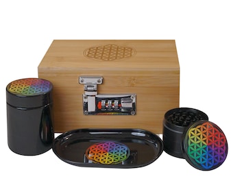 Miracles Bamboo Lockable Stash Box with Aluminum Grinder, Rolling Tray, and UV Storage Jar ,Stash Box Kit with Rolling Tray, perfect gift