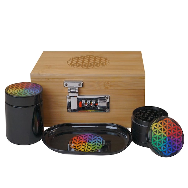 Miracles Bamboo Lockable Stash Box with Aluminum Grinder, Rolling Tray, and UV Storage Jar ,Stash Box Kit with Rolling Tray, perfect gift