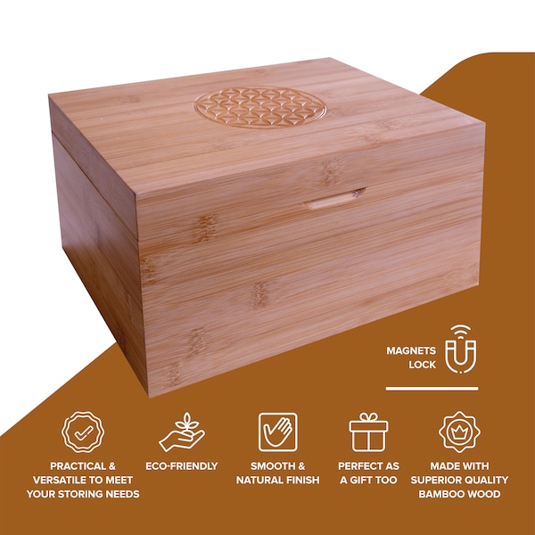 Miracles Bamboo Stash Box with Flower of Life Design, Natural Wood Craftsmanship,Decorative Boxes,Wood Storage Box with Lid.