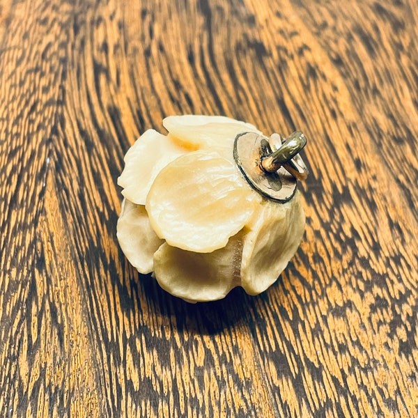 Antique Carved Tagua Nut Rose Flower Pendant Victorian Era Gold Filled