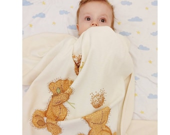 Organic Turkish Cotton Baby Blanket | Teddy Bear Gift Newborn Baby Shower