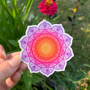Sunset Inspired Mandala Sticker (WATERPROOF) • Die-cut Vinyl Sticker • Laptop, Water Bottle, Car, Notebook • Gift, Present, Floral Mandala