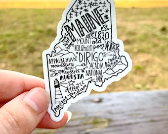 Maine Typography Vinyl Sticker (WATERPROOF) | Laptop, Water Bottle, Notebook, Car | State Outline, State Icons, Word Art | Gift, Present