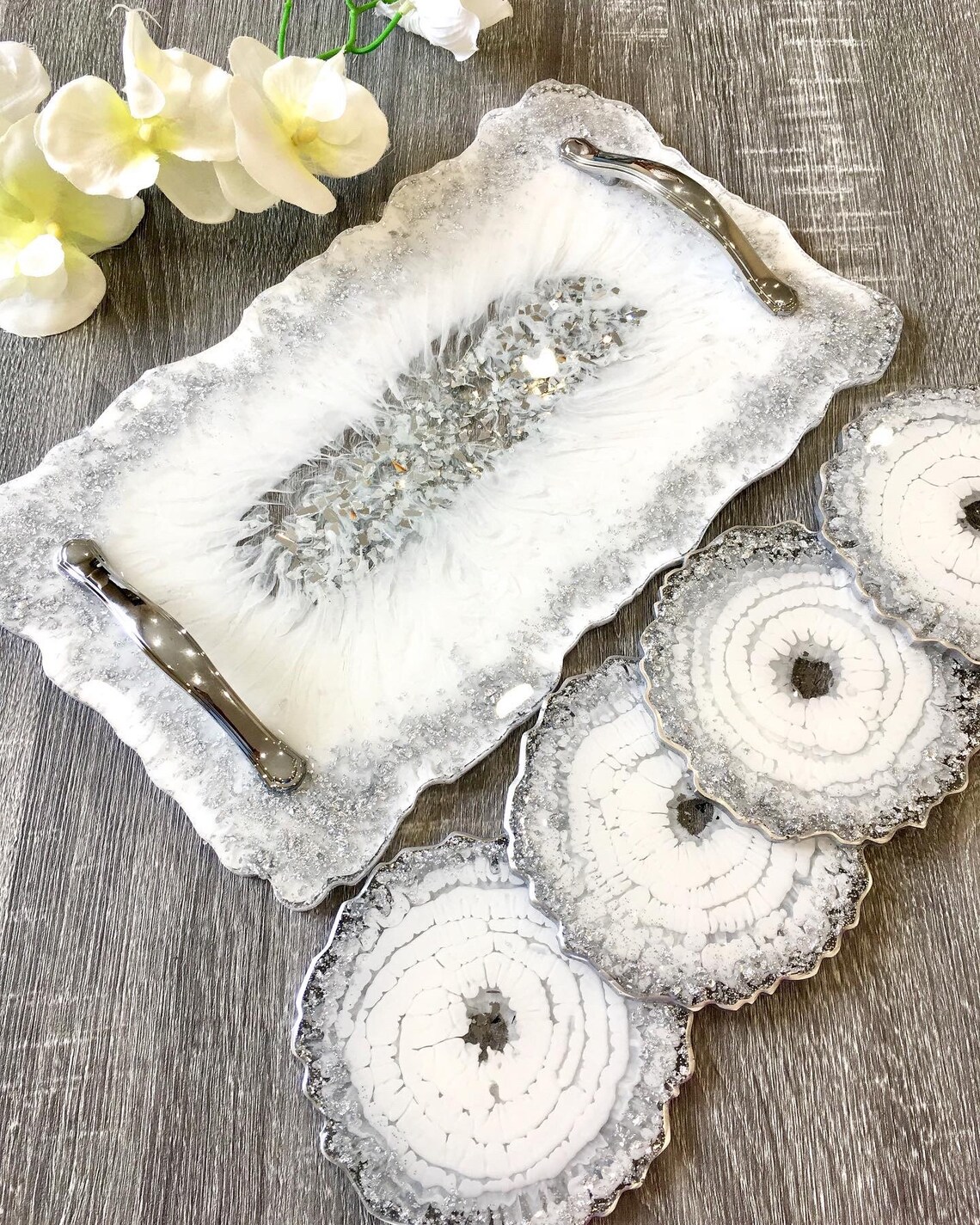 Resin Tray & Coaster Set White and Silver. Super shiny and Etsy