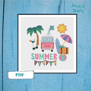 Summer cross stitch pattern PDF, cross stitch chart, gift, dmc, beginners, download, beach, cocktails, holiday, sunshine, bunting, hobby