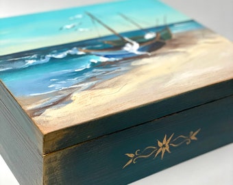 Large Tea bag box 12 compartments,  Sea Pattern Tea Box Gift, Wooden Blue Box Birthday Gift, Wooden Blue Tea Box