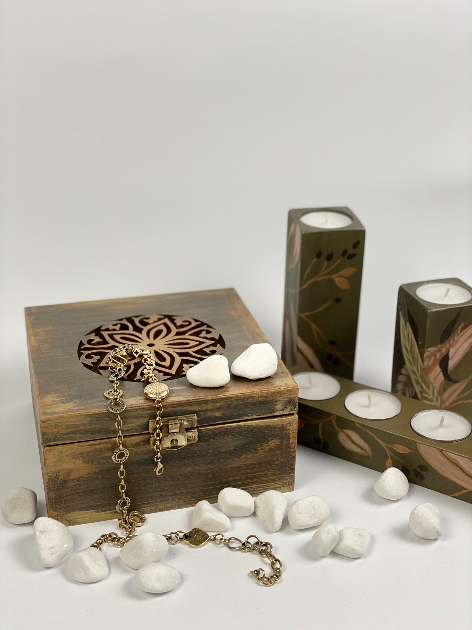 Wooden Jewelry Gift Box with Wooden Candlestick Holder Set For Etsy