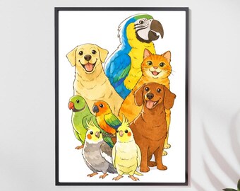 Custom Watercolor Pet Portrait | Multiple Animals Art (Digital Download)